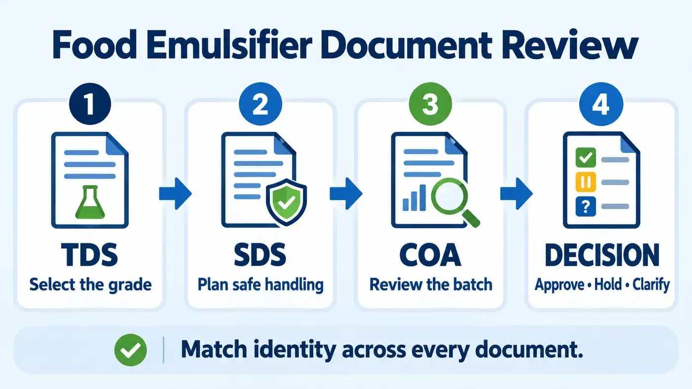 Food emulsifier document review workflow from TDS and SDS to COA and decision