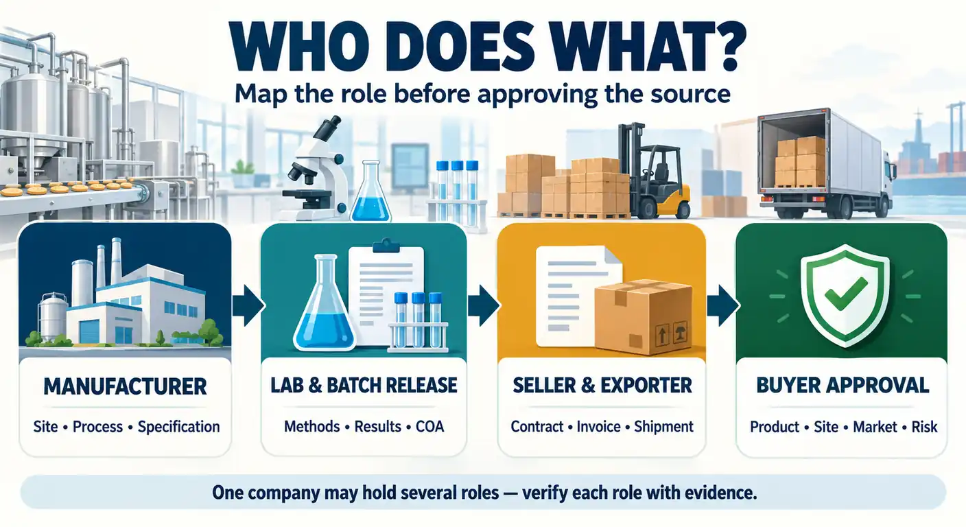 Food emulsifier supplier role map connecting the manufacturer, laboratory and batch release, seller and exporter, and buyer approval
