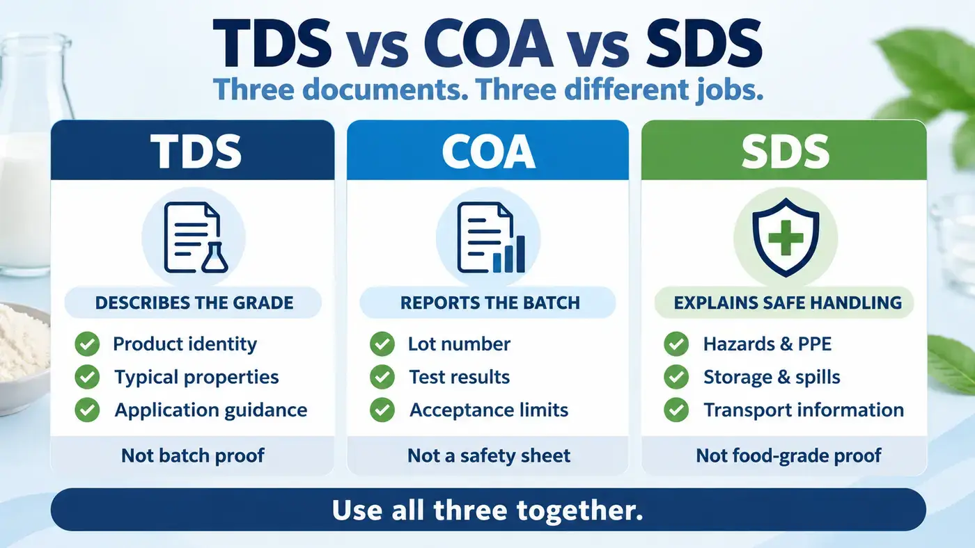 Comparison of what food emulsifier TDS, COA, and SDS documents prove