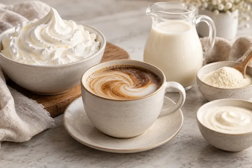 Whipped topping and coffee with creamer representing aerated food systems